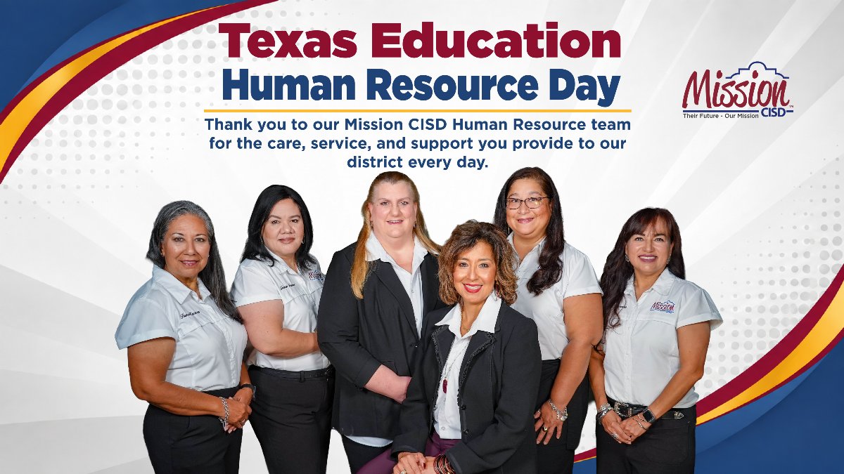 Graphic for Texas Education Human Resource Day featuring six Mission CISD HR department team members posing together.